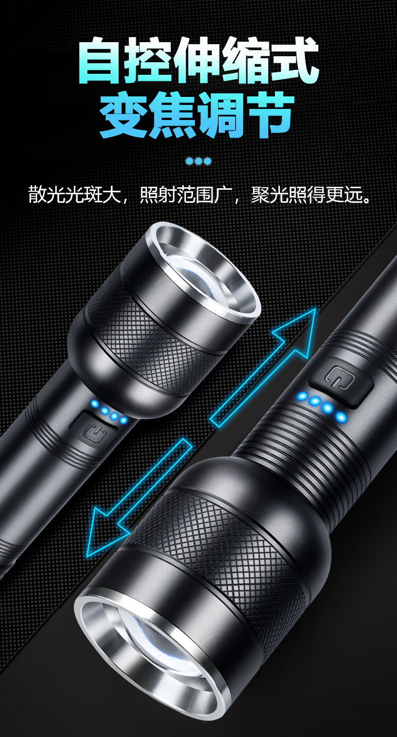 跨境新款XHP50强光手电筒铝合金户外电量显示USB充电伸缩变焦详情5