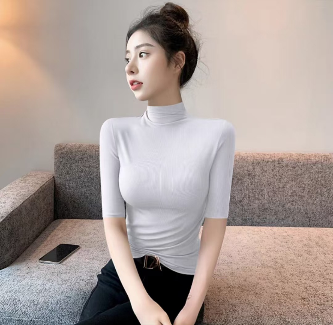 2024新款秋冬小立领短袖T恤女早秋新款韩版修身半高领五分袖纯色详情15