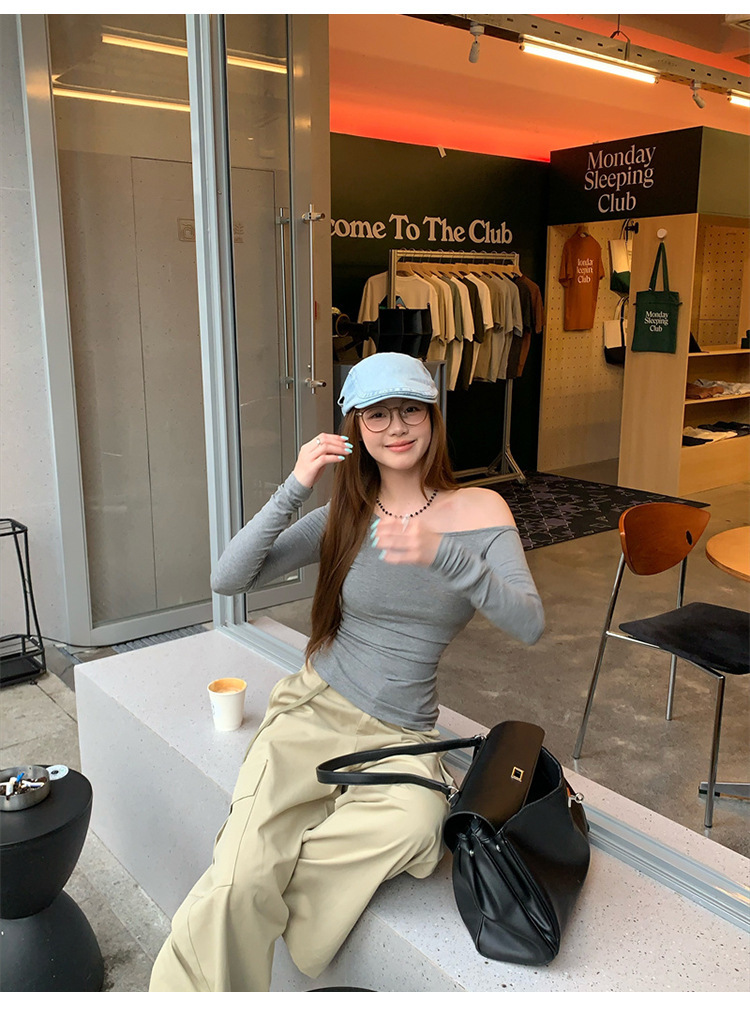 纯欲辣妹修身显瘦露肩长袖T恤女装早秋设计感百搭打底衫学生上衣详情1