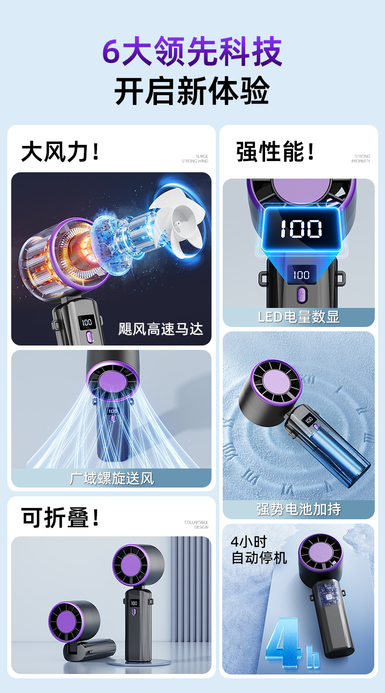 新款高速手持风扇户外桌面便携USB充电电风扇礼品批发数显长续航详情2
