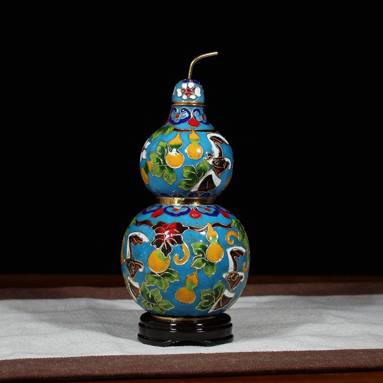 Beijing Cloisonne craft cultural gift and decoration piece: 6-inch gourd with copper body, cloisonne enamel, filigree and silver blue pic 3