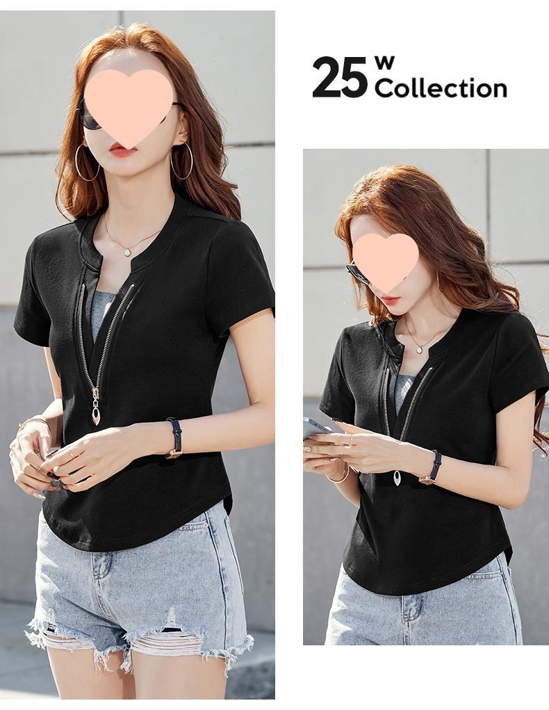 别致短袖t恤女装2025新款爆款夏季修身高腰假两件v领拉链短款上衣详情23