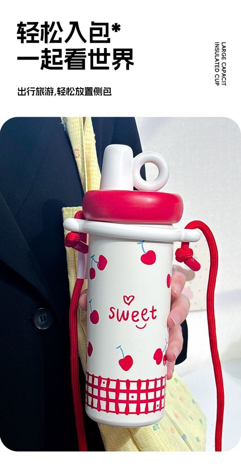 轻奢吸管保温杯女高颜值吸管杯大容量水杯背带可斜挎车载杯子便携详情11