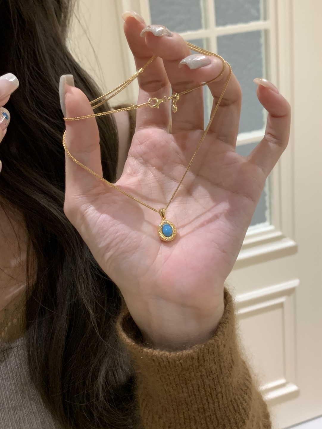 S925纯银中古蓝松石拉丝项链秋冬新款轻奢锆石锁骨链女时尚百搭潮流详情2