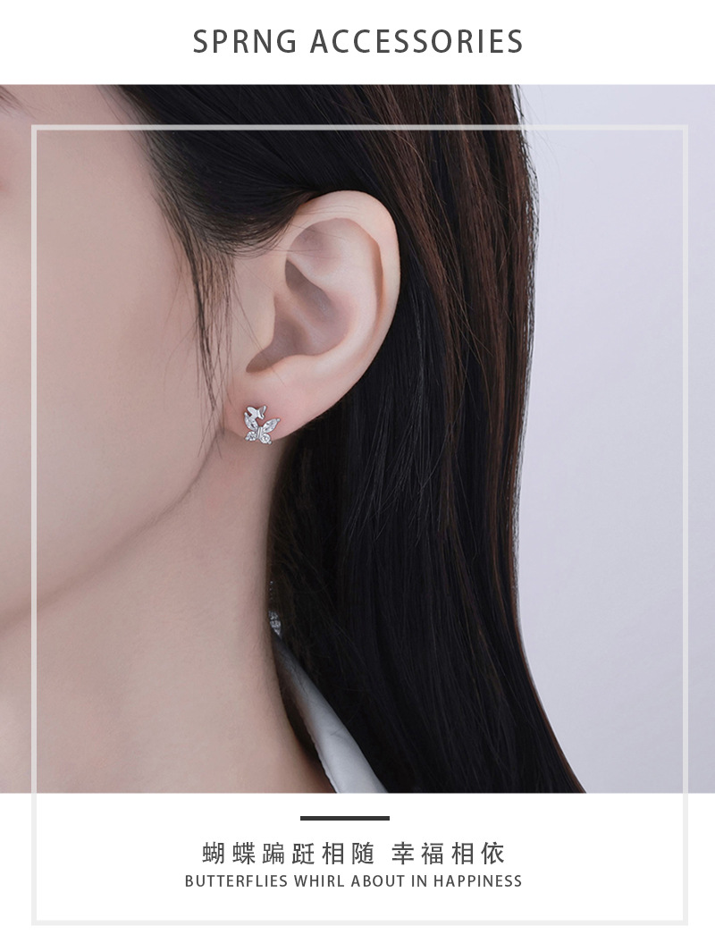 S999纯银立体蝴蝶图案女ins高级感气质简约耳钉少女心耳饰批发详情5