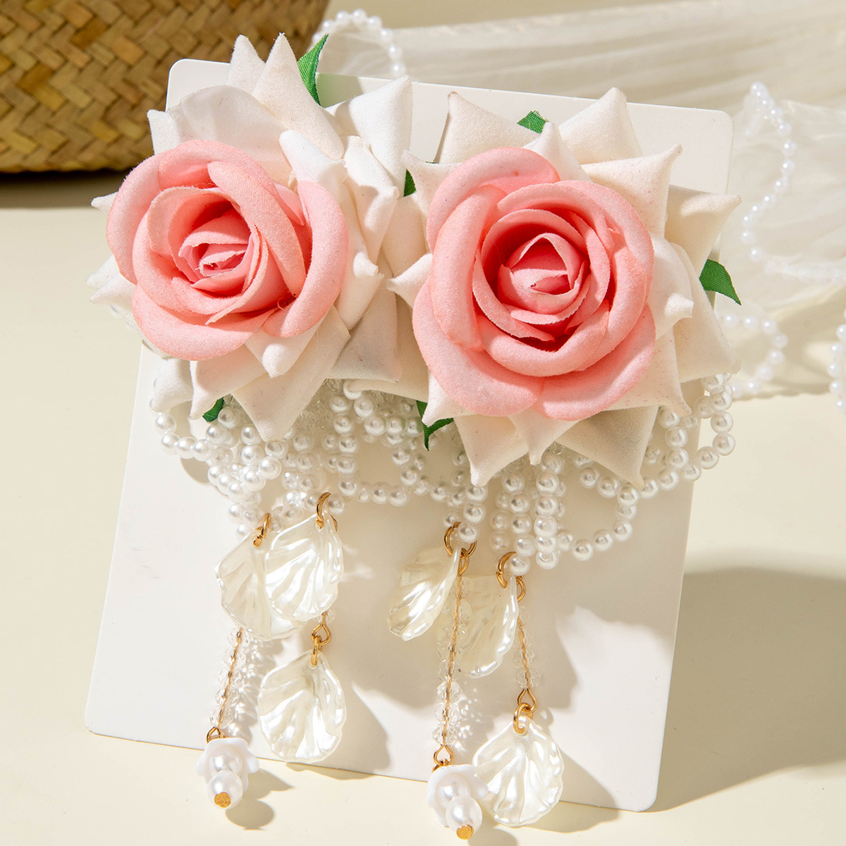 欧美跨境时尚清新布艺花朵流苏串珠优雅甜美情人节礼物耳坠耳环女详情27