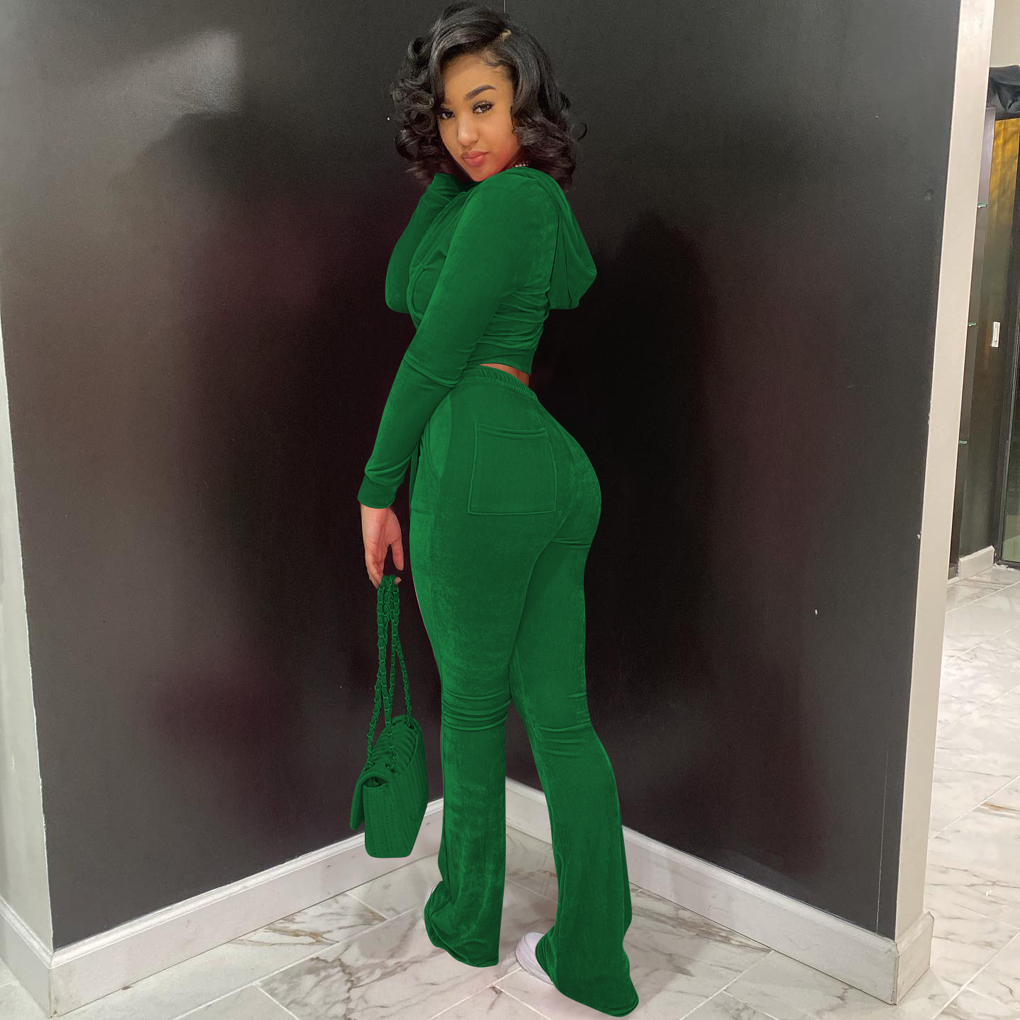 Solid color gold velvet wide-leg pants two-piece set pic 100