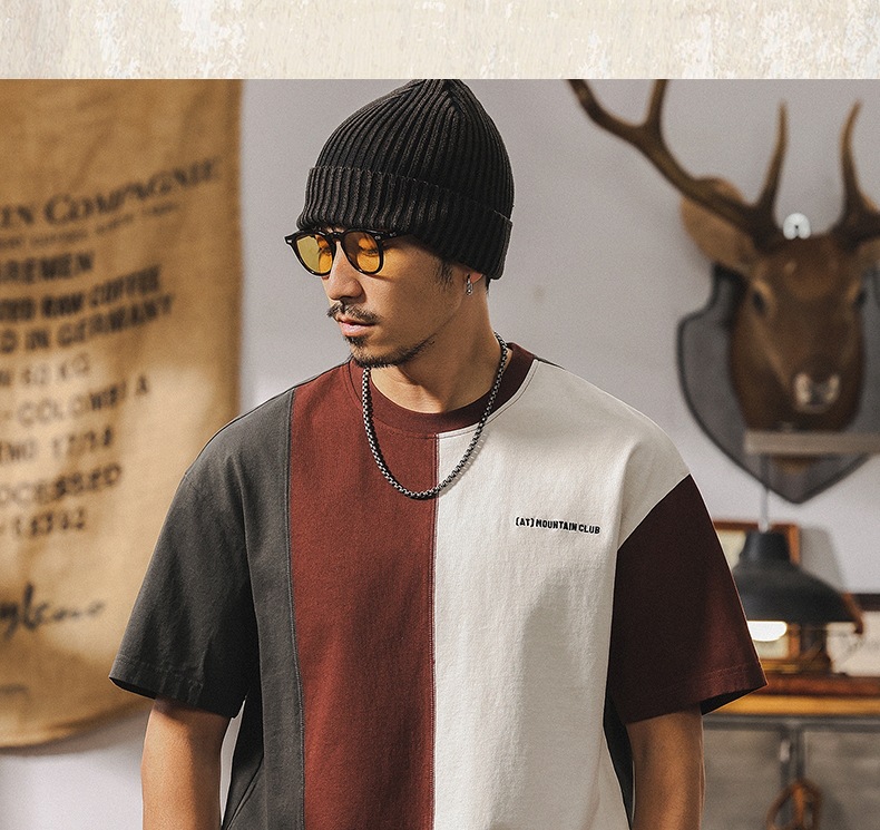 拼接撞色设计短袖男夏季2025新款美式复古重磅T恤男纯棉宽松上衣详情14