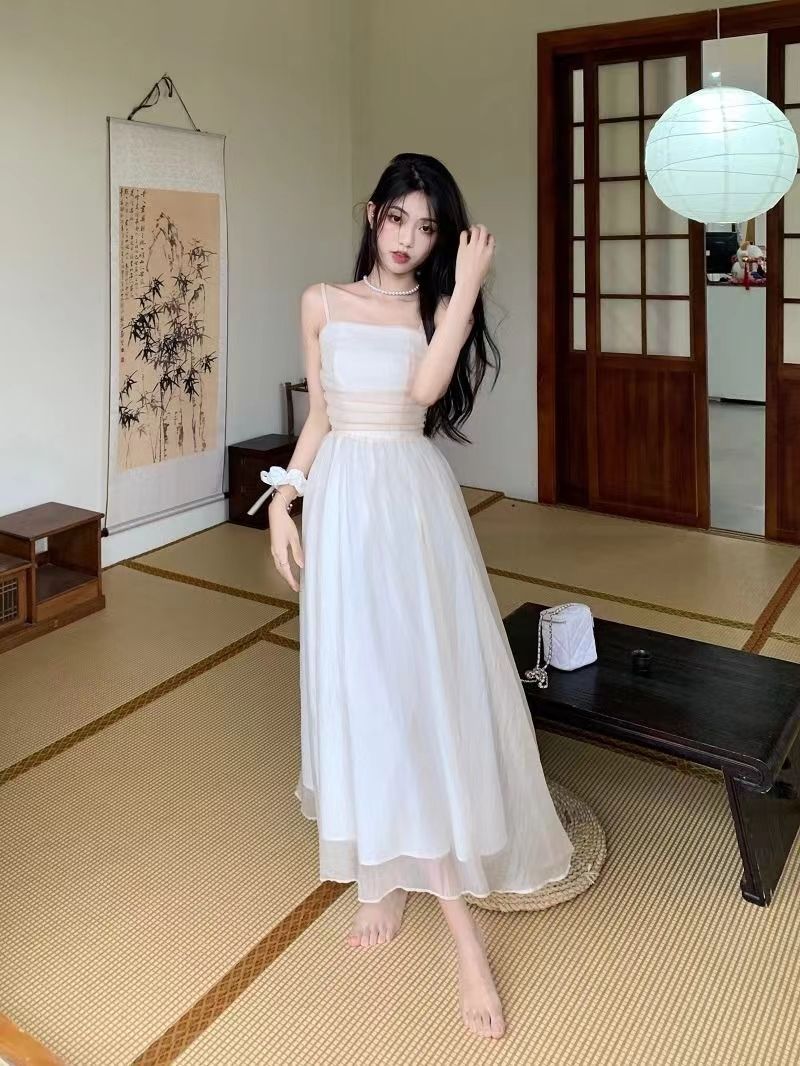 女装法式白色吊带长裙夏新款2024气质收腰显瘦纯色礼服超仙连衣裙详情26