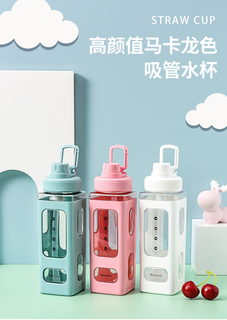 New high-appearure-level macaron-colored square water cup, large-capacity portable hand-held drinking cup, silicone straw water bottle pic 1