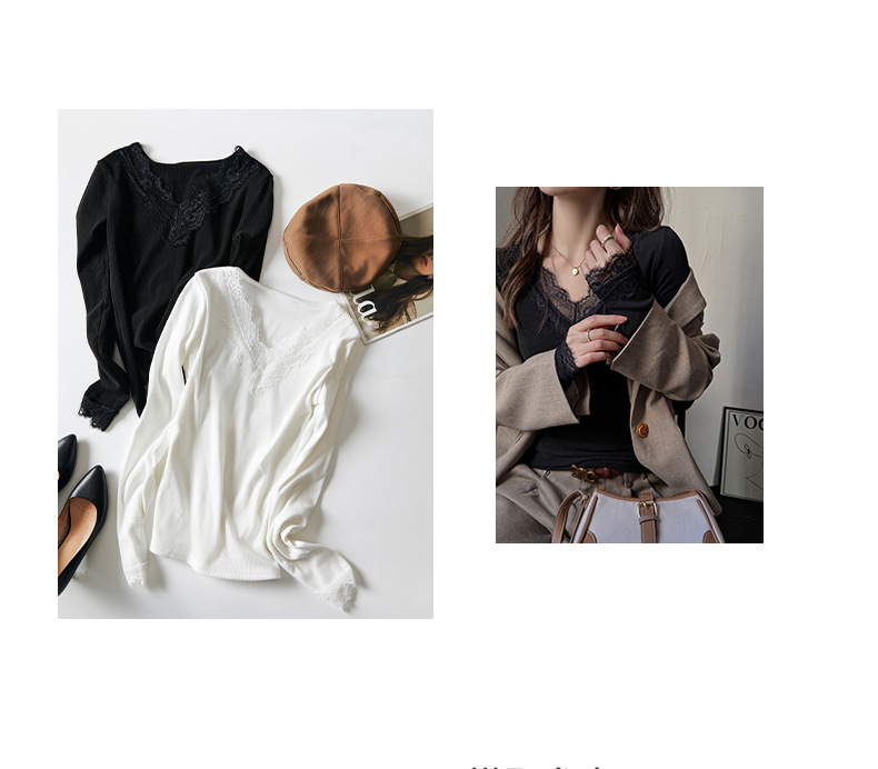 A lace-trimmed V-neck long-sleeved base layer for women, paired with a German fleece, brushed, and slimming design off-the-shoulder T-shirt for autumn and winter pic 3