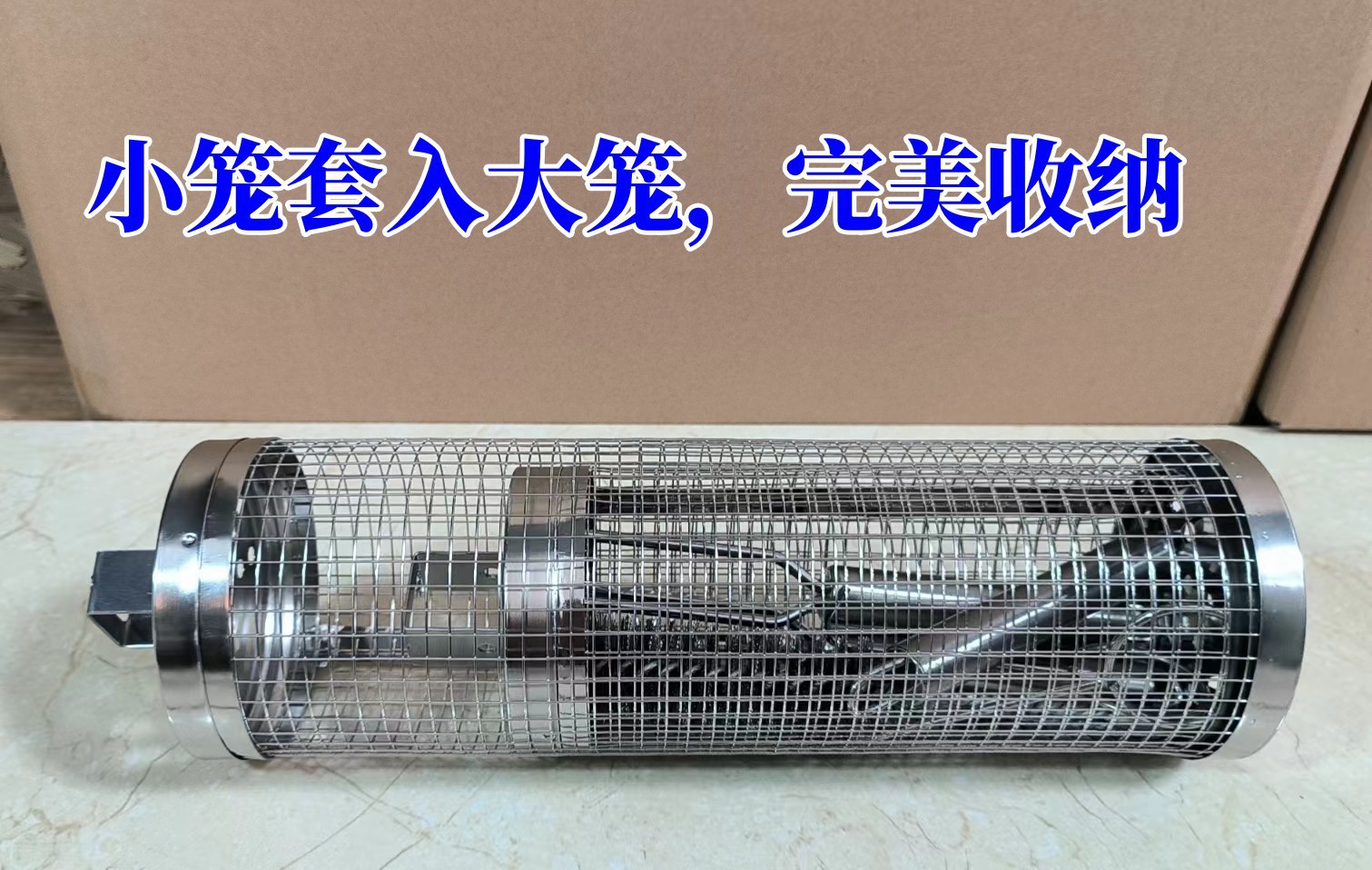 Round stainless steel barbecue cage handle flip cover integrated barbecue cage, outdoor manual rolling barbecue cage pic 6