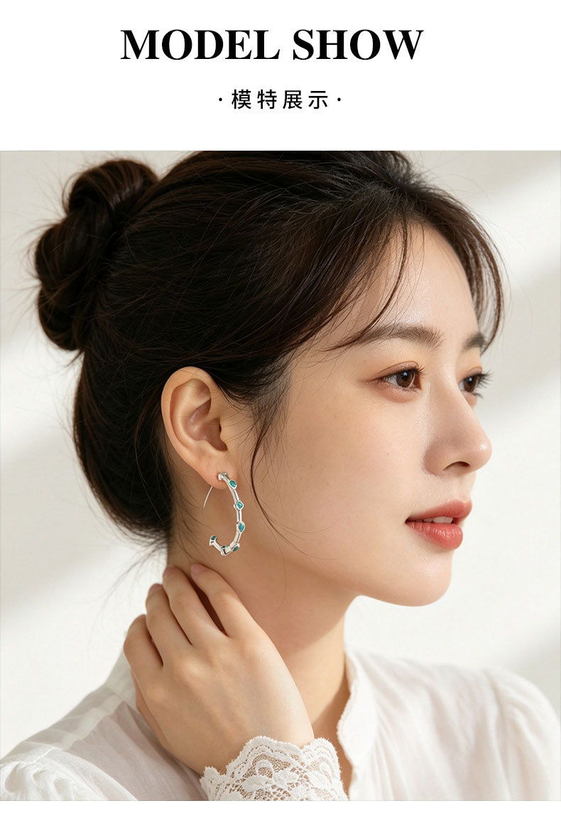 Source factory light luxury geometric C-shaped opening large earring, copper alloy inlaid with blue pine S925 silver needle, versatile earrings pic 8