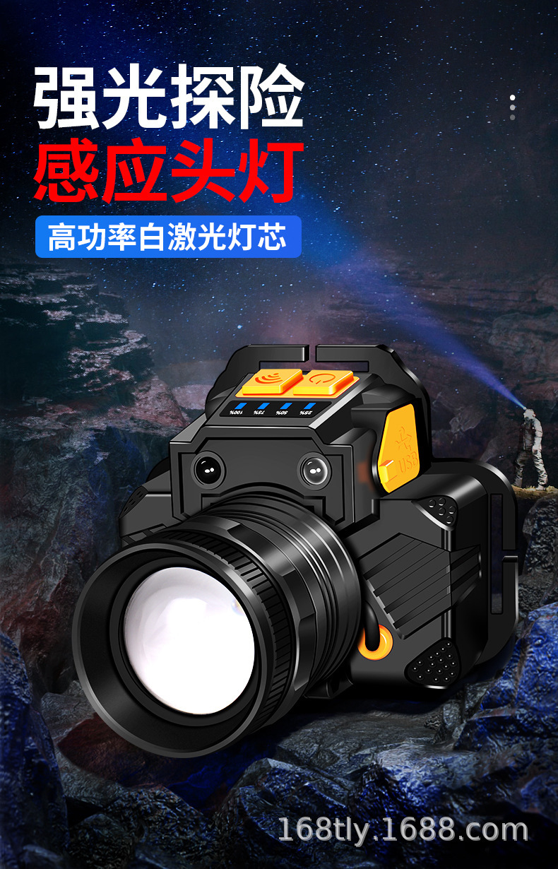 Cross-border rotating zoom white laser strong light LED sensor headlamp, outdoor night fishing multi-functional USB charging headlamp pic 1