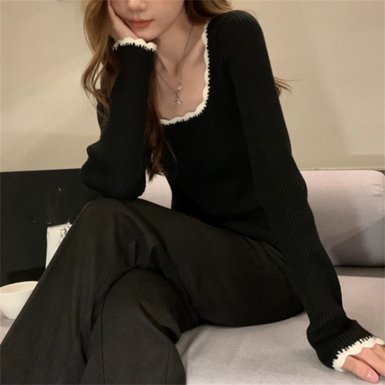 KANING复古撞色打底针织衫女2025春季新款法式气质修身内搭毛衣女详情8