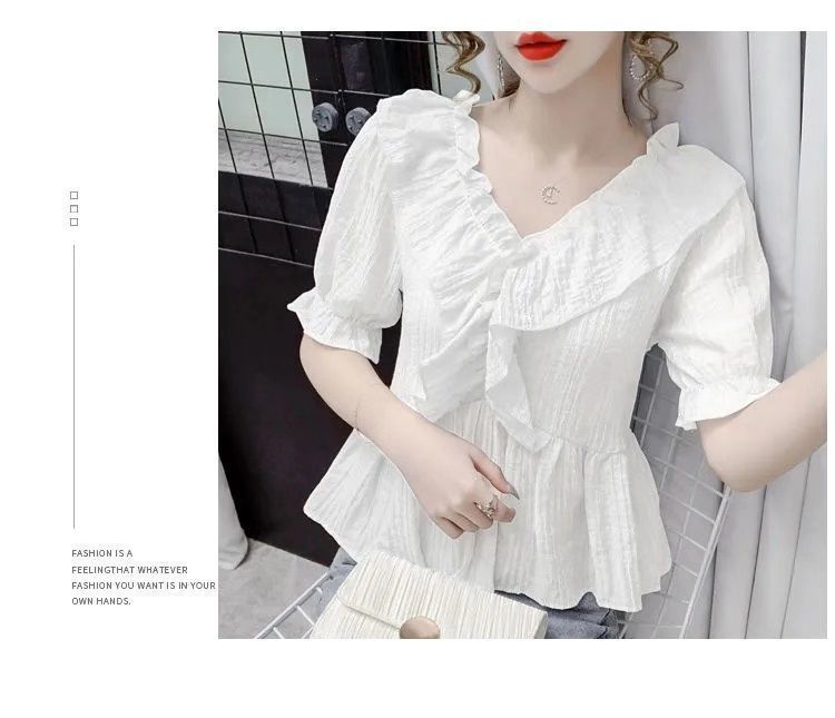 Summer new French V-neck bubble short-sleeved shirt for women, slimming, fashionable and elegant casual top for women chiffon pic 6