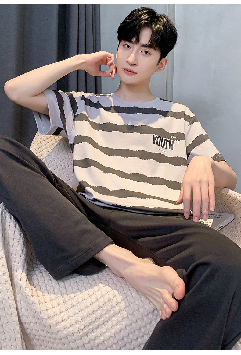 短袖长裤纯棉睡衣男士韩版宽松休闲简约夏天薄款中青年家居服套装详情10