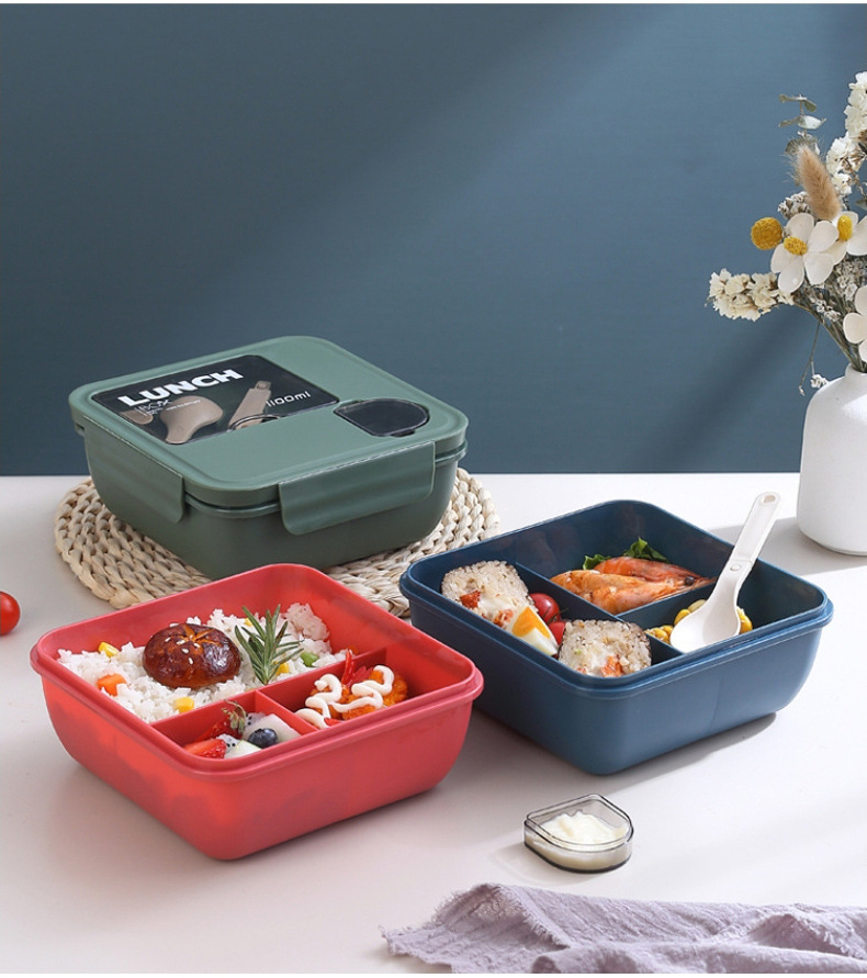 塑料饭盒微波炉学生分格便当盒带餐具酱料盒密封午餐盒方形详情15