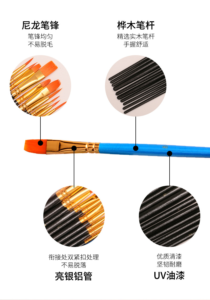 Cross-border 10-piece wooden digital oil painting brush set, art painting outlining brushes, gouache and watercolor brushes, makeup brushes pic 5