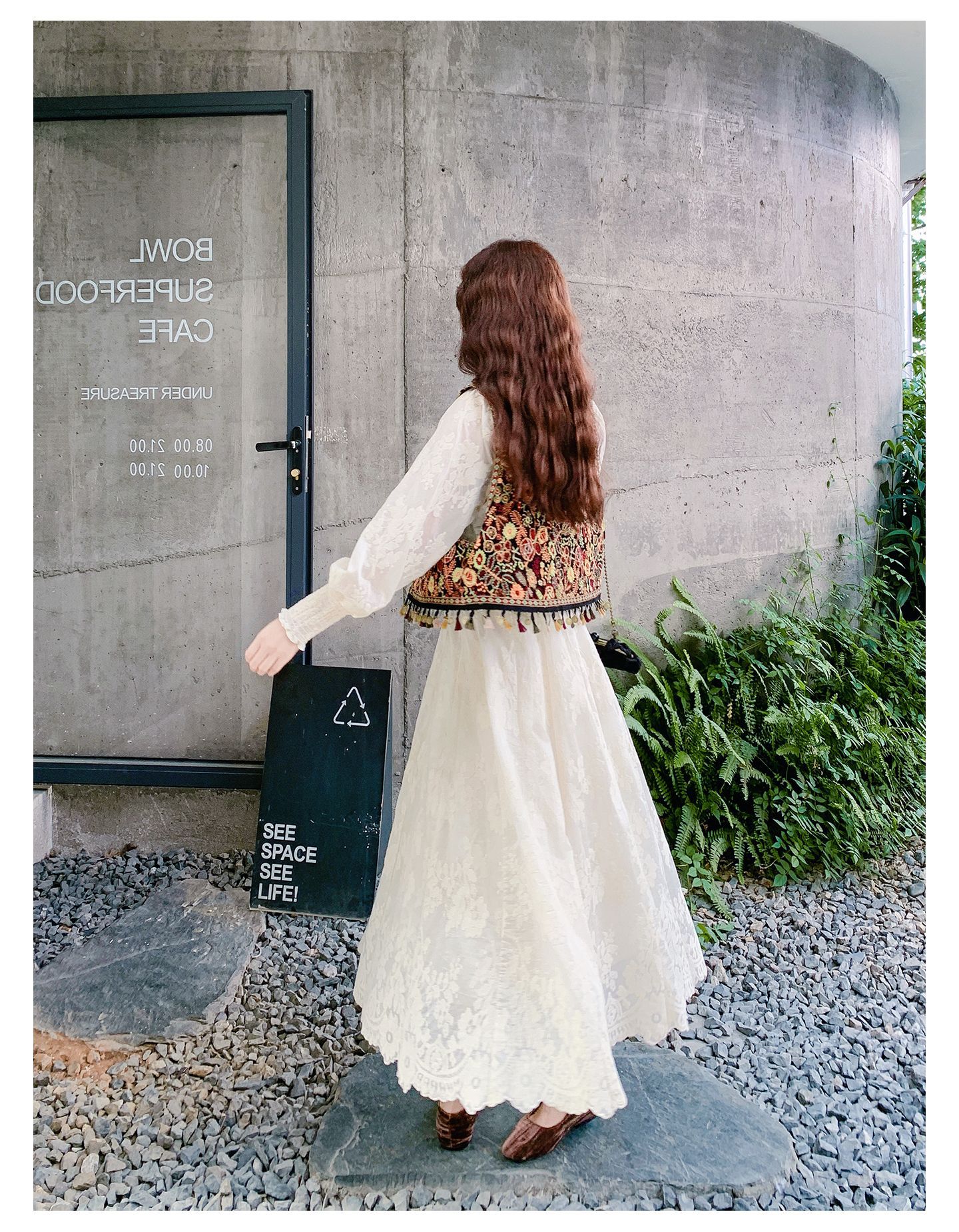 Real shot Bohemian fringed vest jacquard long dress two-piece set 2025 autumn collection lace patchwork V-neck dress pic 19