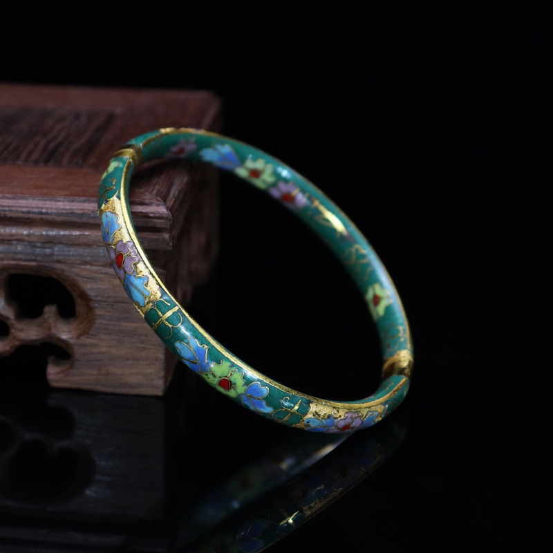 Beijing Cloisonne vintage collectibles, classical ethnic style copper body cloisonne enamel jewelry, semi-gold base bracelet pic 8