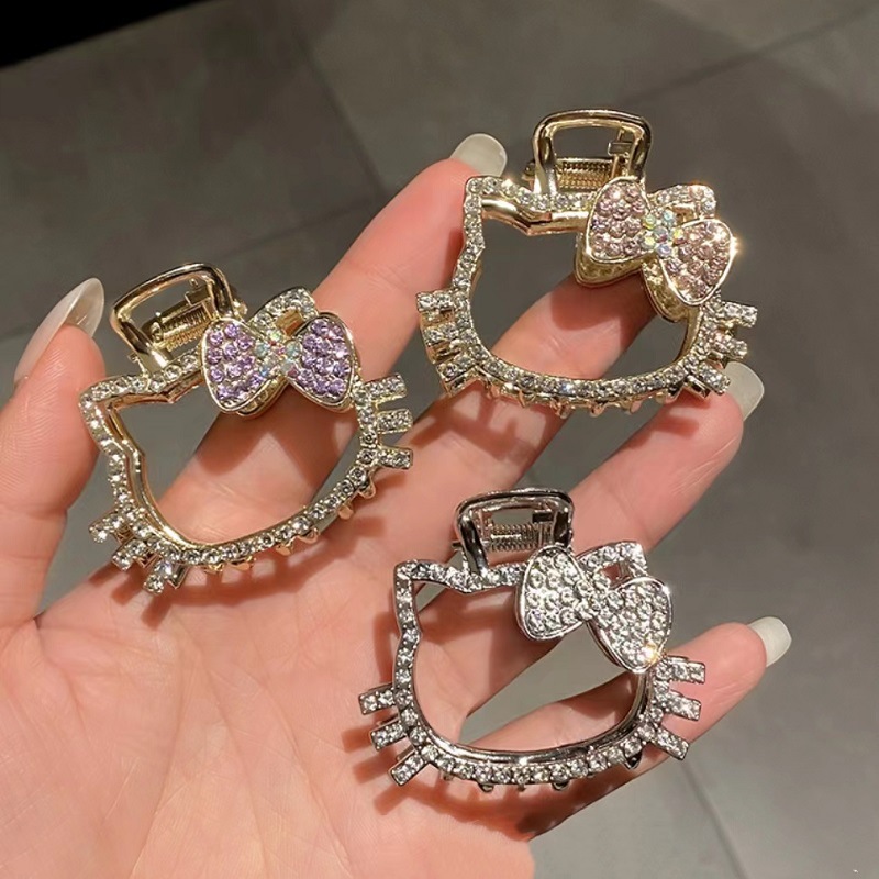少女心镶钻KT猫金属抓夹后脑勺盘发鲨鱼夹韩版半扎发猫咪发夹头饰详情4