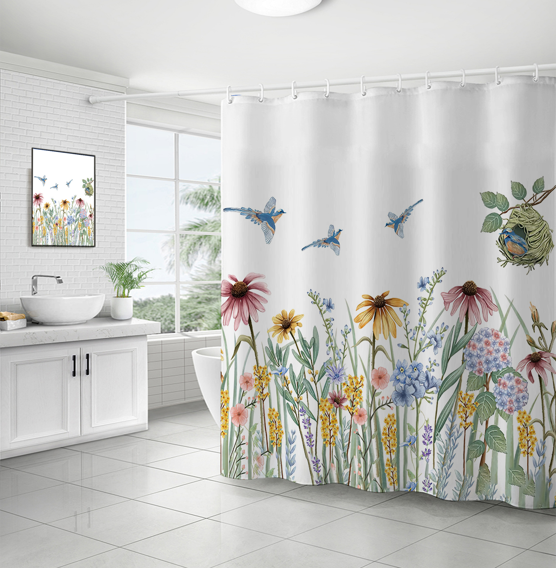 Cross-border direct sales of flower and plant bath curtains, fresh and simple floral waterproof and moisture-proof polyester isolation curtains pic 17
