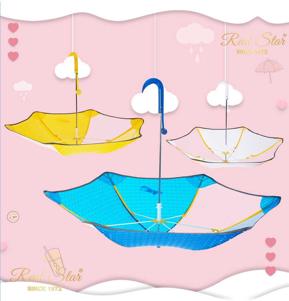 日韩儿童伞透明圆通带反光条雨伞手动推拉黄色伞架3D炫彩图案详情11