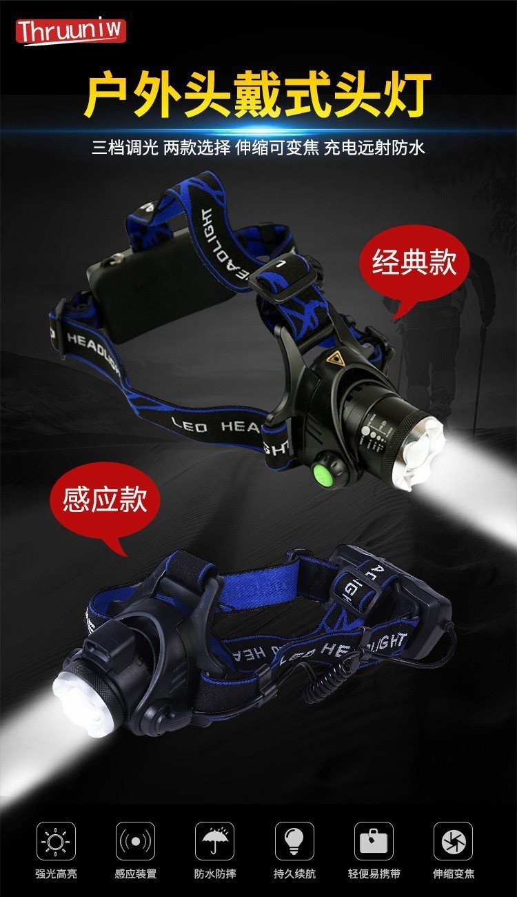 High-intensity sensor headlamp, telescopic zoom, long-range shooting, USB charging, outdoor waterproof night fishing light, LED head-mounted flashlight pic 1