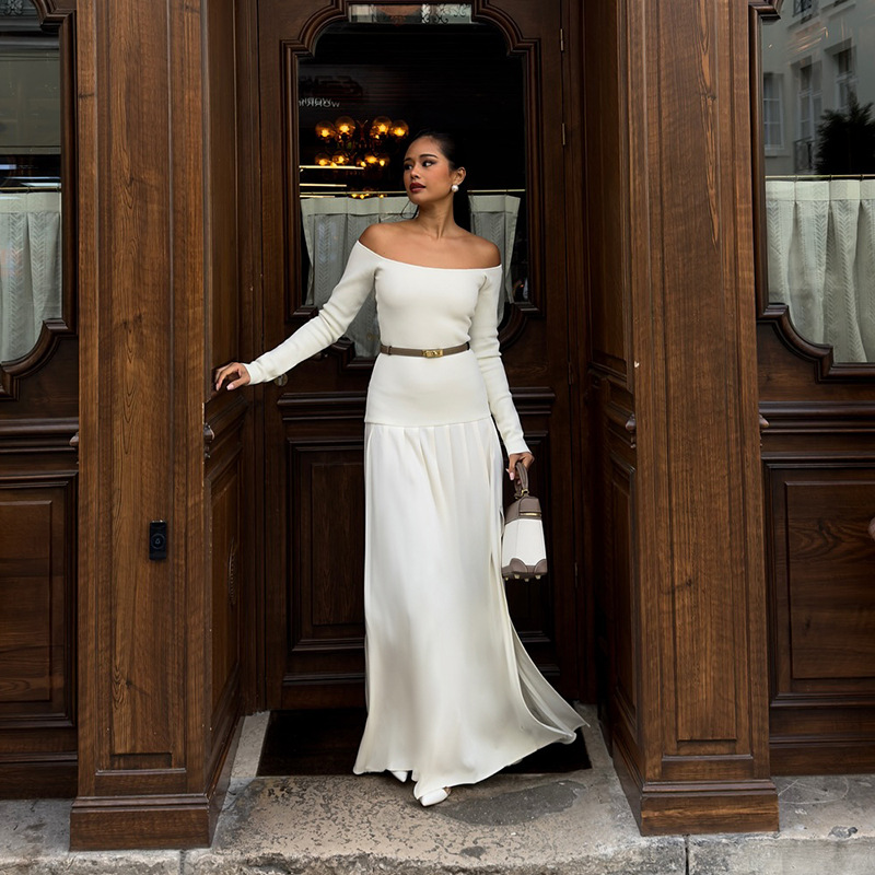 D016DS European and American cross-border 2024 Autumn new solid color one-shoulder long-sleeved slim French patchwork long dress pic 6