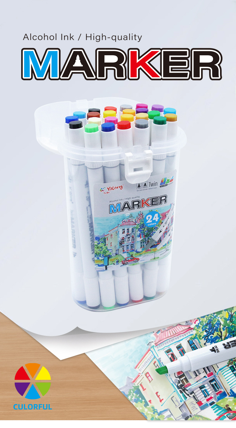 Yalong Cross-border high-quality 24-color marker pens, Macadors double marker pen bucket, smooth pen, sketch marker pen pic 1