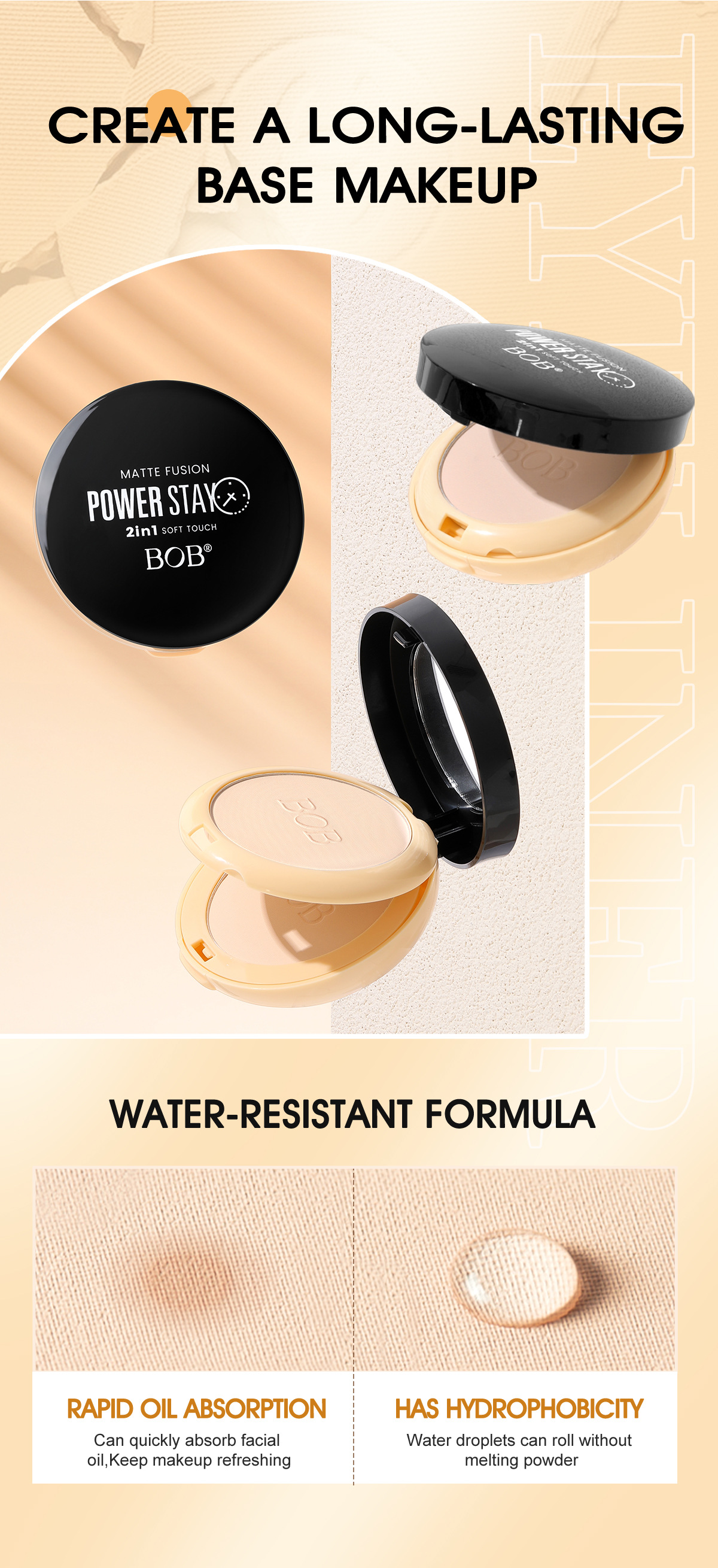 Cross-border bob Light-sensing Constant Color Setting Powder Compact is waterproof, oil-control, moisturizing, long-lasting, concealer and does not smudge, brightening the skin in daily life pic 5