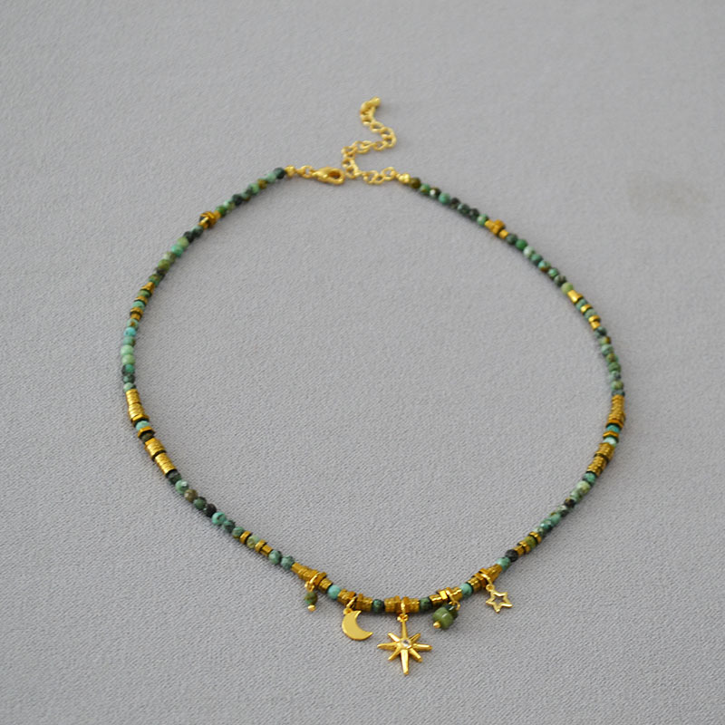 秋冬新款欧美小众设计复古文艺绿松石串珠星星月亮挂坠短款项链女详情9