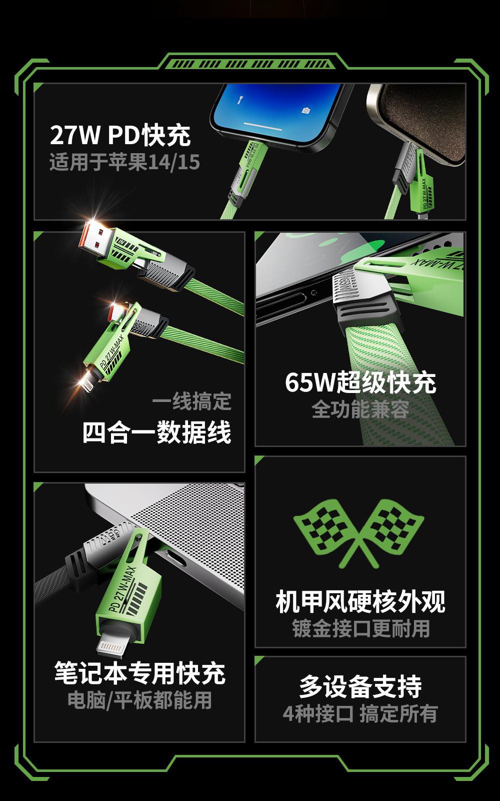 【现货批发】倍魔绿色机甲数据线四合一超级快充65W二拖二充电线.详情2
