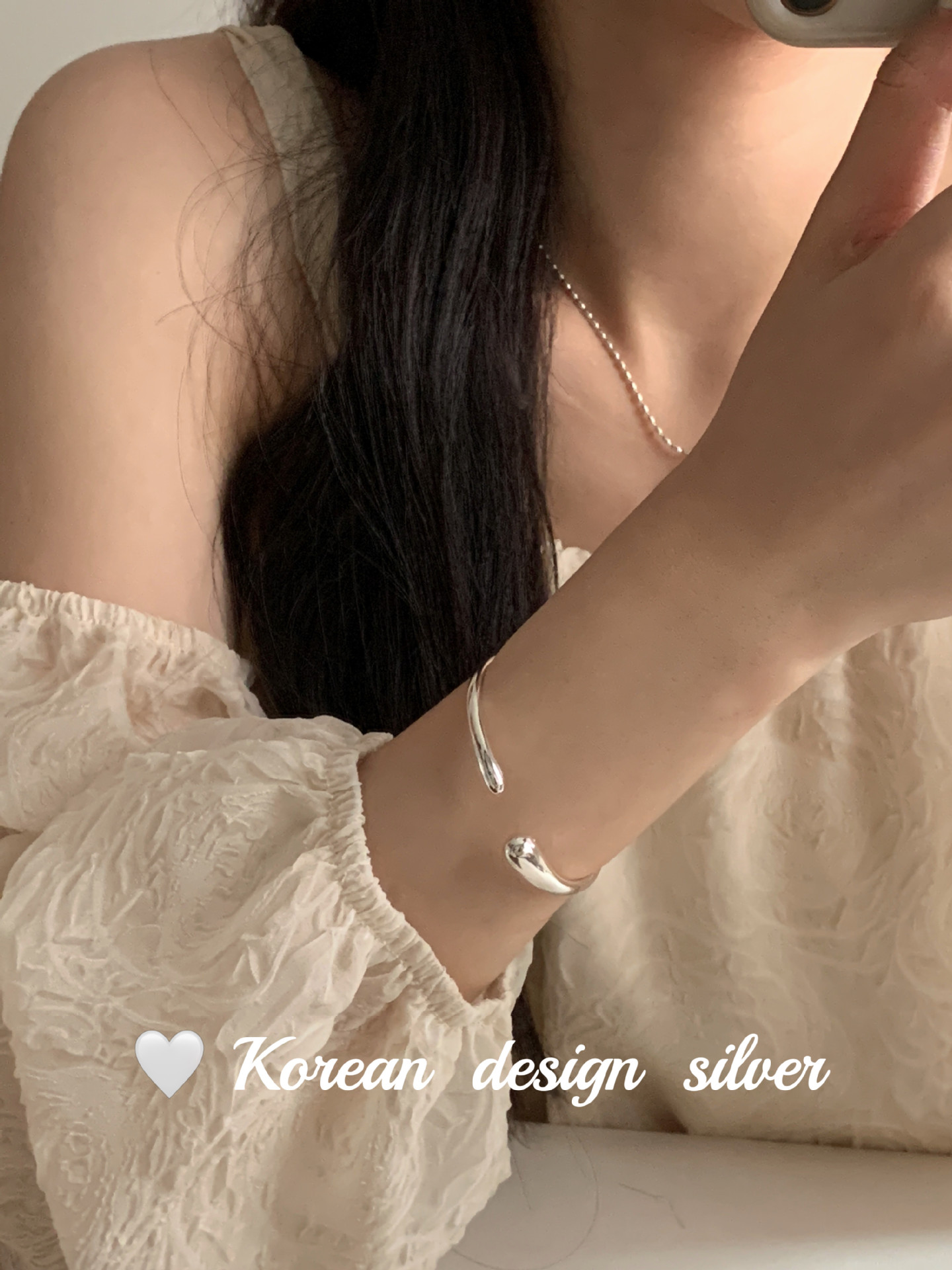 韩国设计款S925纯银亮面不对称开口手镯小众ins风手环女叠戴详情5