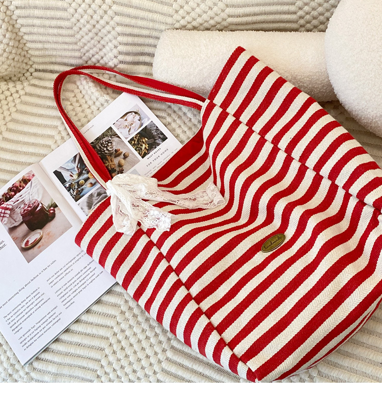 Striped canvas bag, 2024 new Korean-style ins tote casual bag, single-shoulder large-capacity tote bag shopping bag pic 2