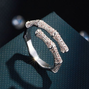 Light luxury Chinese-style bamboo joint open ring, copper alloy micro-inlaid zircon enamel oil drip pendant design, adjustable ring pic 1