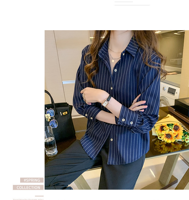 This vertical striped chiffon shirt for women with three-quarter sleeves is a new autumn collection. It features a unique and mature design with a sense of elegance and drape pic 14