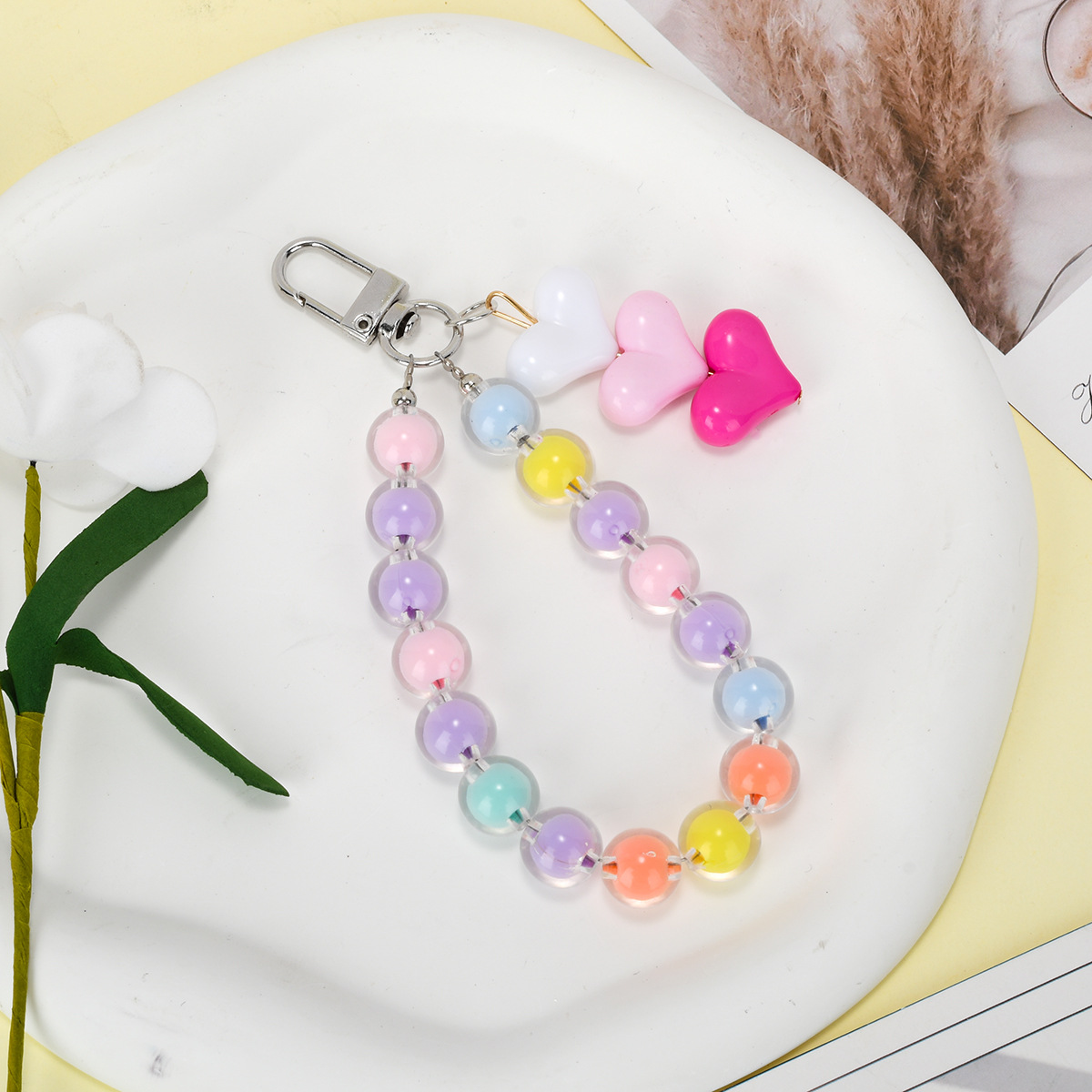 爱心挂扣新品男女送礼夏季日常推荐可爱马卡龙撞色彩虹珠串钥匙扣详情10