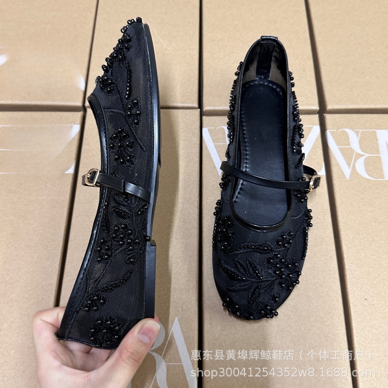 ZA新款白色刺绣珍珠网纱平底单鞋圆头芭蕾舞鞋女玛丽珍女鞋详情7