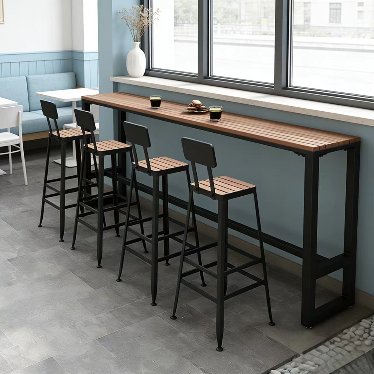 Star Terrace Bar counter table and chair set, coffee shop outdoor anti-corrosion and sun protection high leg narrow table, outdoor balcony wall long table pic 8