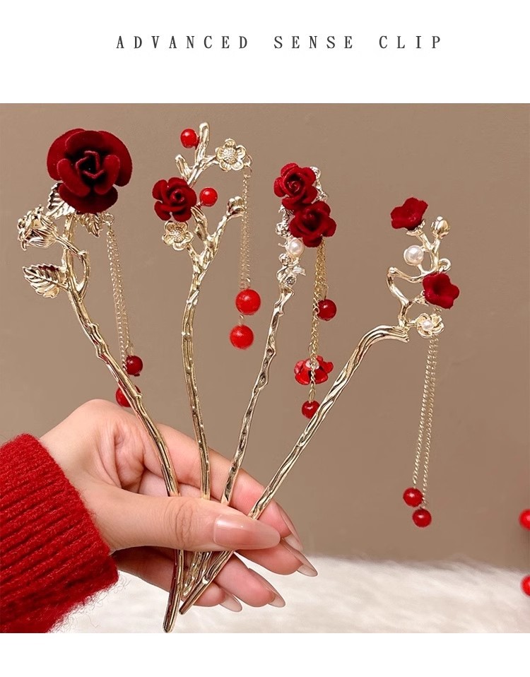 红色新年发簪新中式后脑勺盘发高级感簪子古风高级感步摇流苏发饰详情21