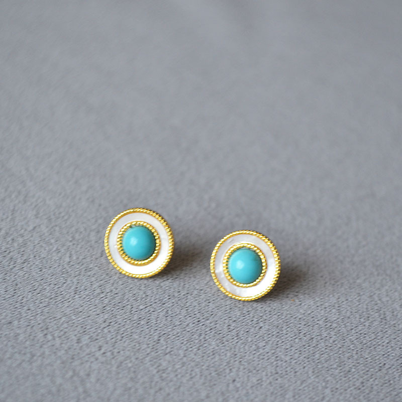 法式复古白色贝母镶嵌绿松石金珠花边气质简约925银针圆耳钉耳饰详情1