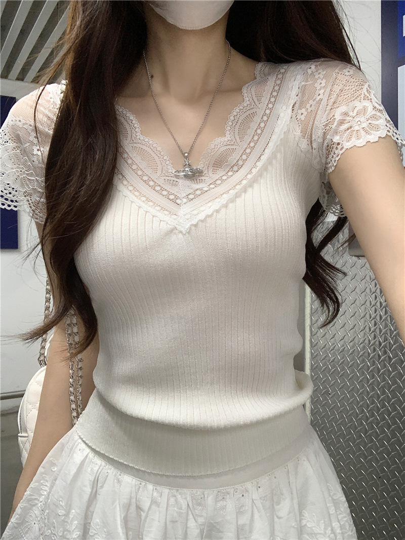 甜辣妹花边领夏设计感蕾丝小飞袖短袖修身显瘦针织衫女上衣详情7