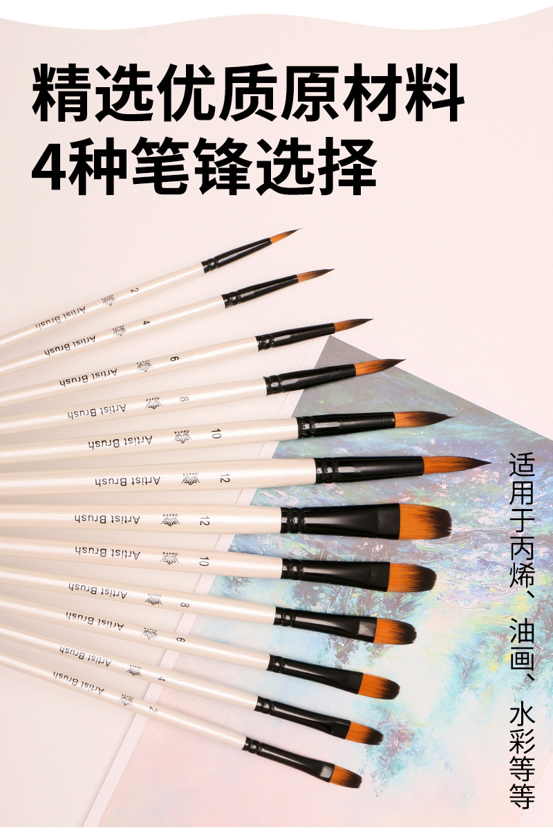 Cross-border 6-piece pearlescent white oil painting brush set, specially designed for art with acrylic outlining brushes, watercolor and gouache oil painting brushes pic 4