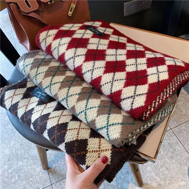 韩版毛线菱形格子围巾女秋冬季日系复古百搭保暖针织围脖学生情侣详情1