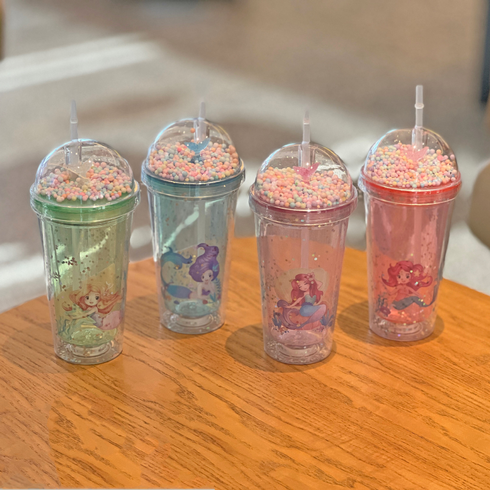 创意卡通美人鱼塑料吸管杯子夏日双层碎冰杯网红可爱塑料水杯批发详情6