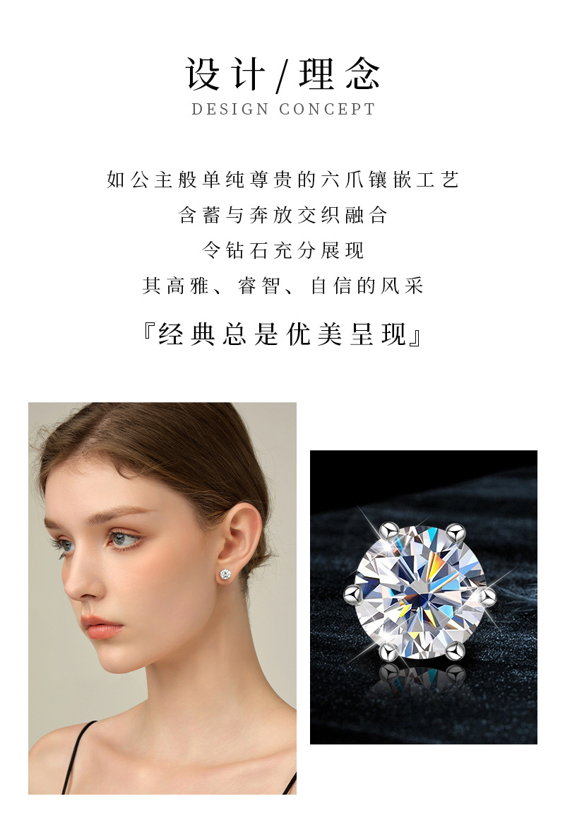 亚马逊热跨境销爆款经典百搭D色莫桑石耳钉花边六爪S925纯银耳饰详情17