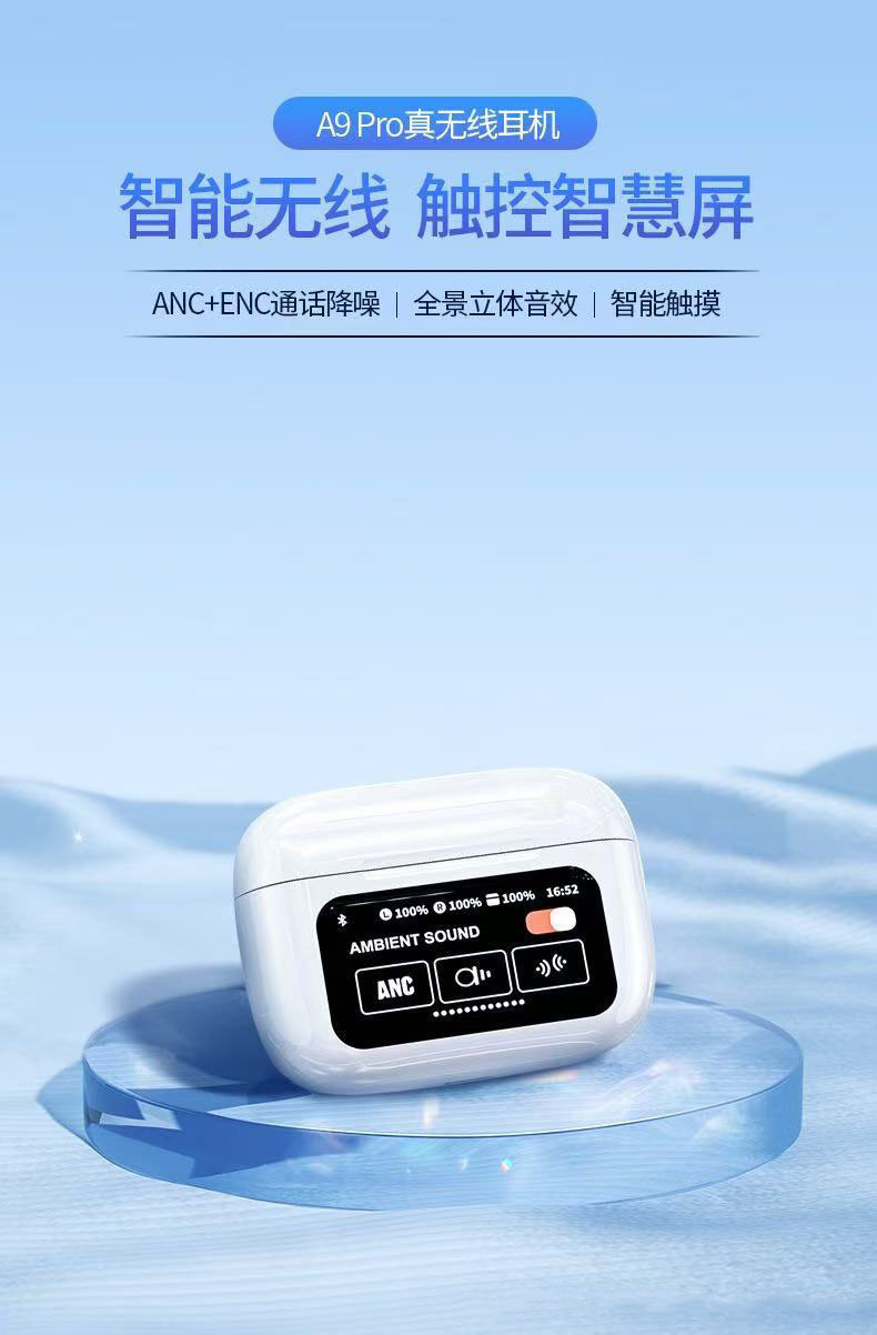 跨境A9pro入耳式彩屏蓝牙耳机多功能触控屏ANC+ENC降噪智能耳机详情1