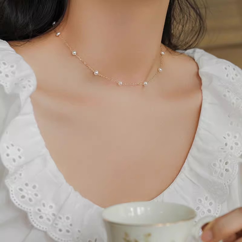 French sweet style starry sky small pearl collarbone chain titanium steel non-fading necklace for women, high-end and niche accessory for women pic 3